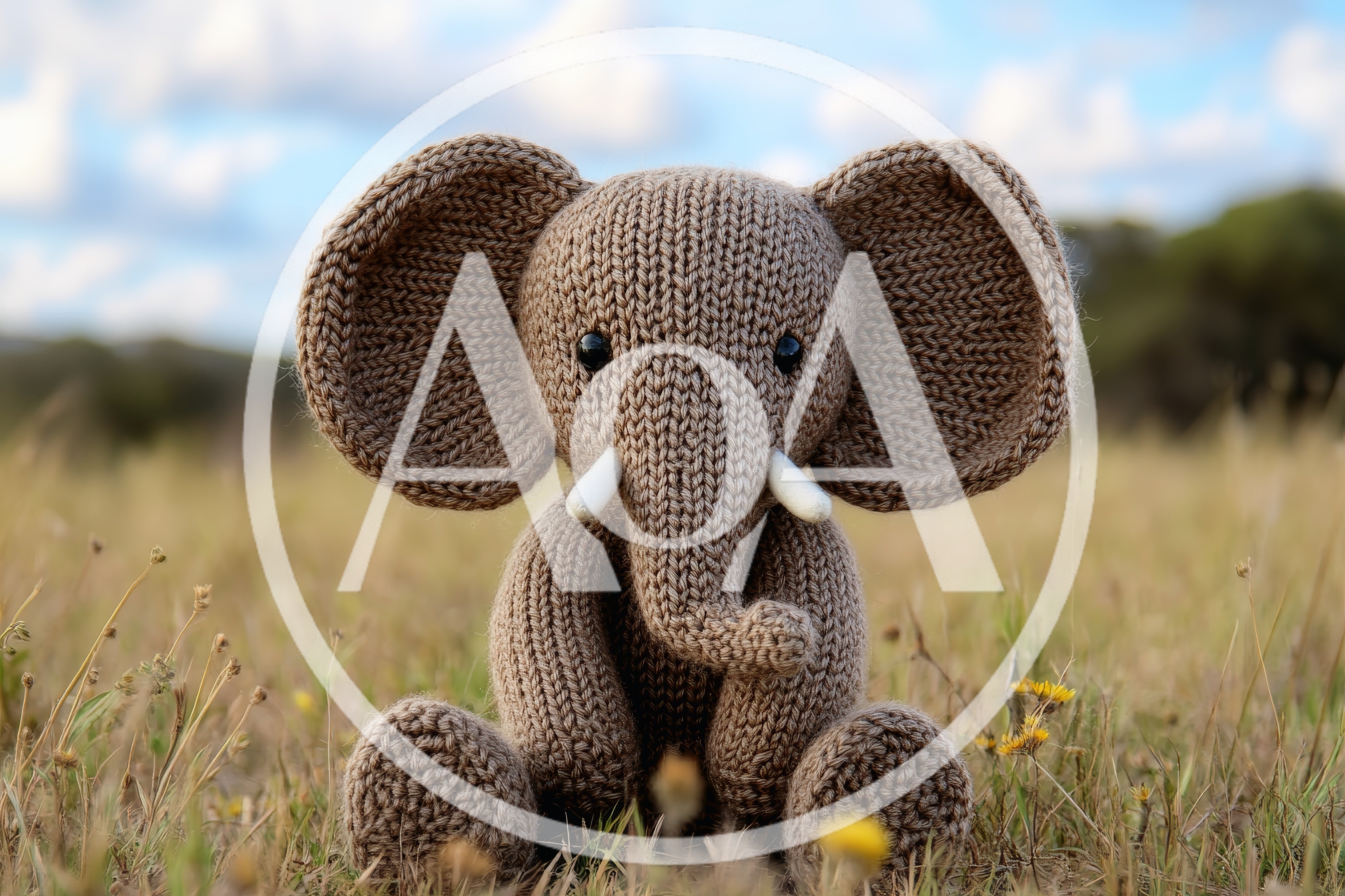 Knitted Elephant Toy Sitting In A Grassy Field
