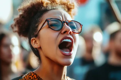 Young Woman Shouting Passionately During A Public Protest
