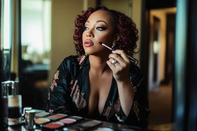 Woman Applying Makeup In Front Of A Vanity Mirror