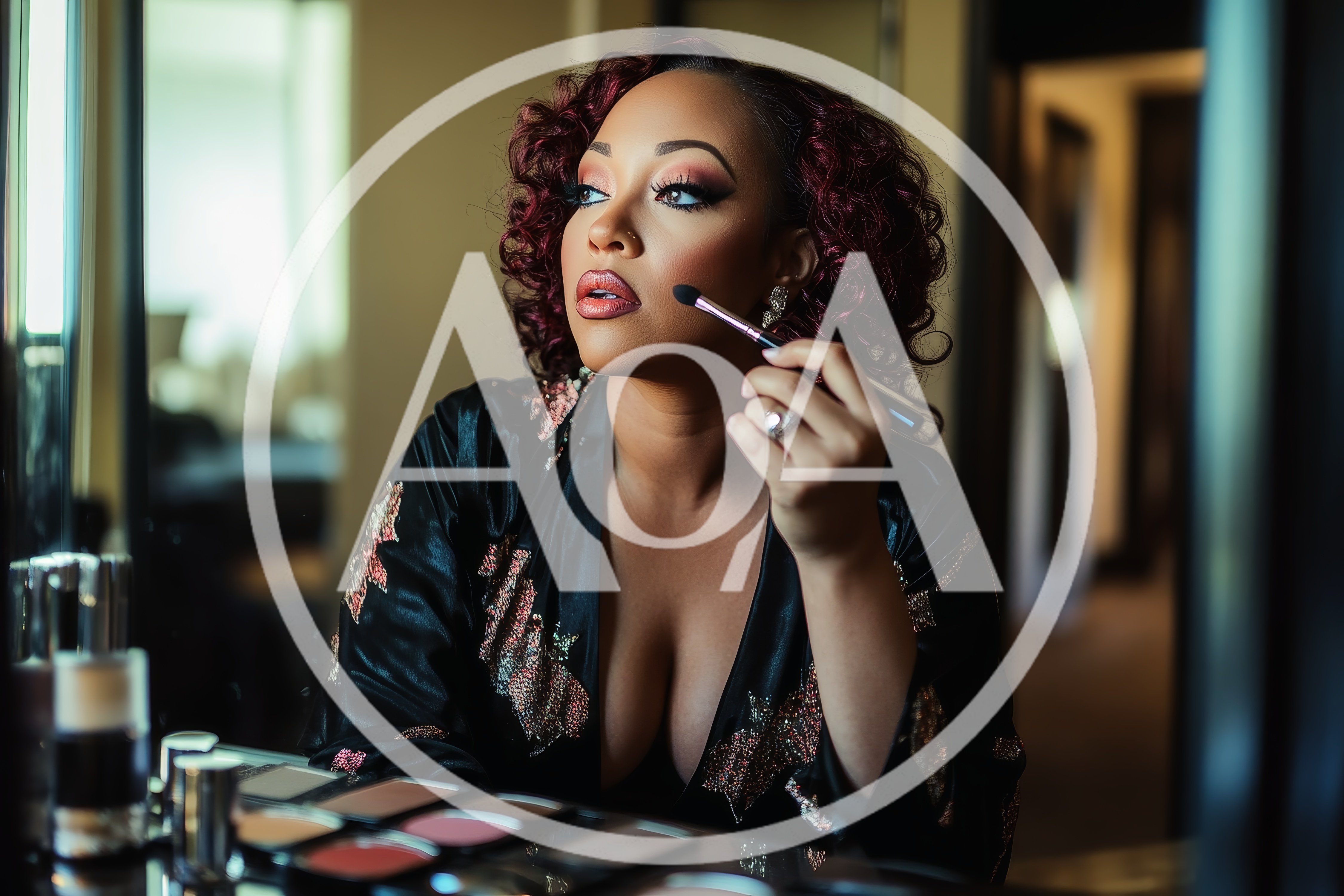 Woman Applying Makeup In Front Of A Vanity Mirror