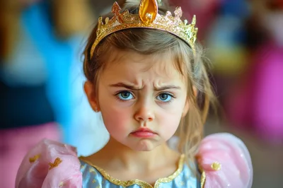Grumpy Little Girl Wearing A Princess Costume And Crown