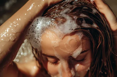 Woman Washing Her Hair With Shampoo In Shower