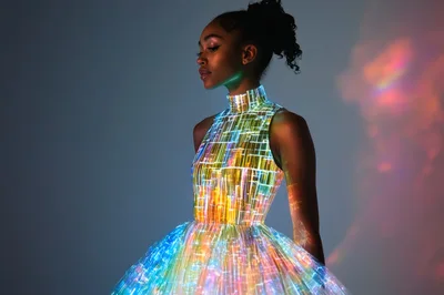 Futuristic Woman Wearing A Glowing Digital Light Dress