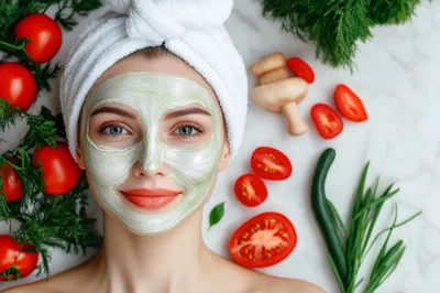 Young Woman With Facial Mask Surrounded By Fresh Vegetables
