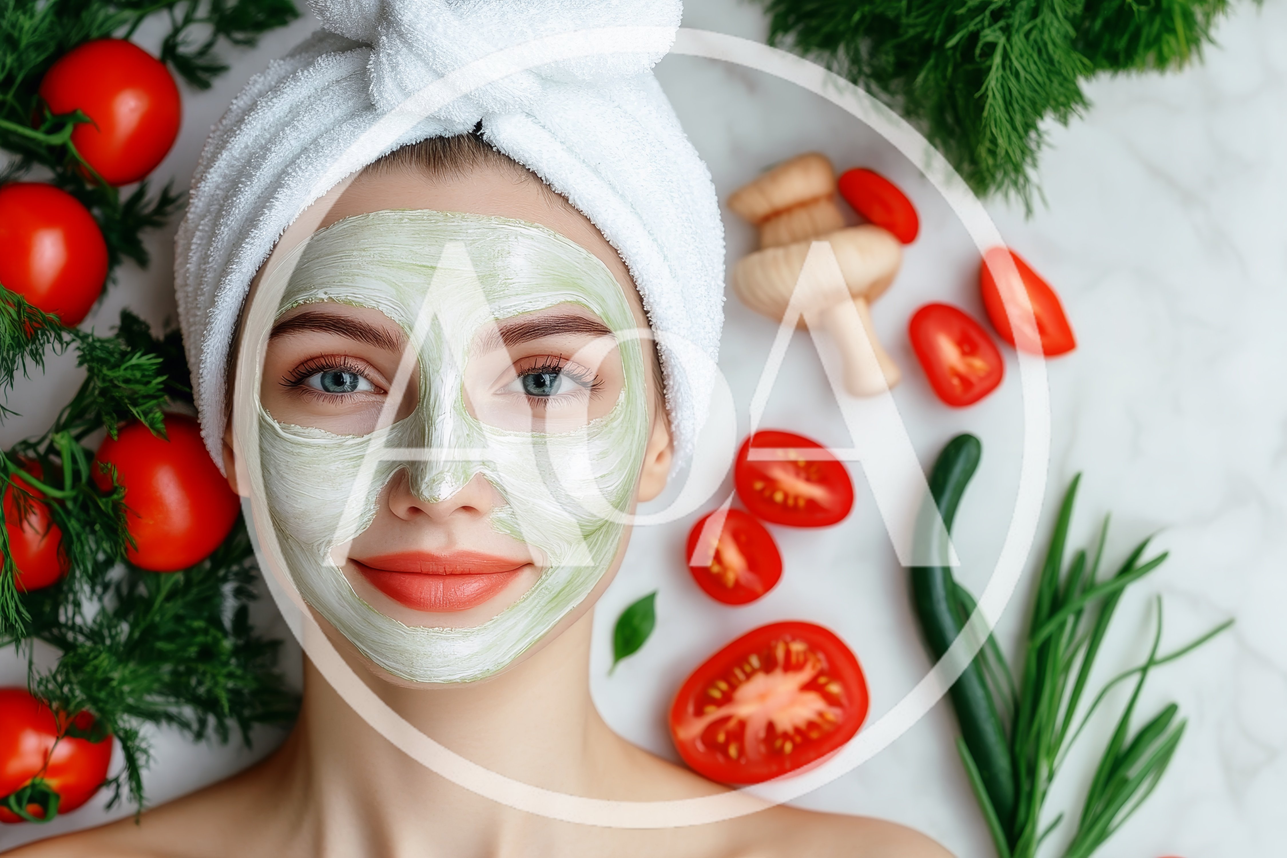 Young Woman With Facial Mask Surrounded By Fresh Vegetables
