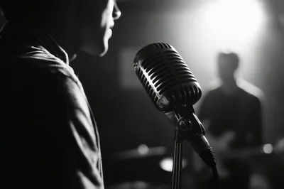 Singer Performing Into A Vintage Microphone On Stage