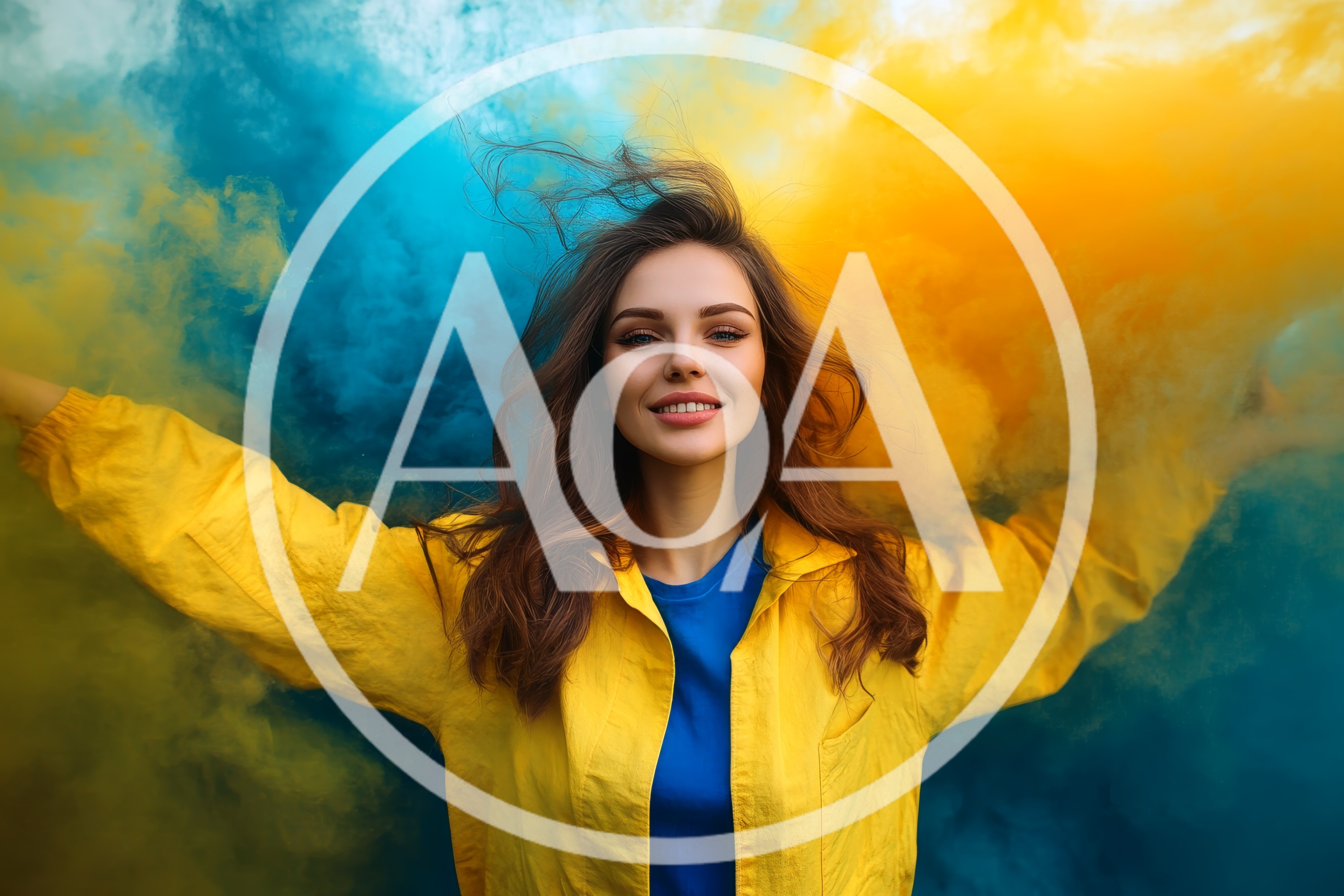 Young Woman Posing With Vibrant Blue And Yellow Smoke