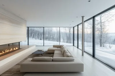 Modern Minimalist Living Room With Snowy Forest View
