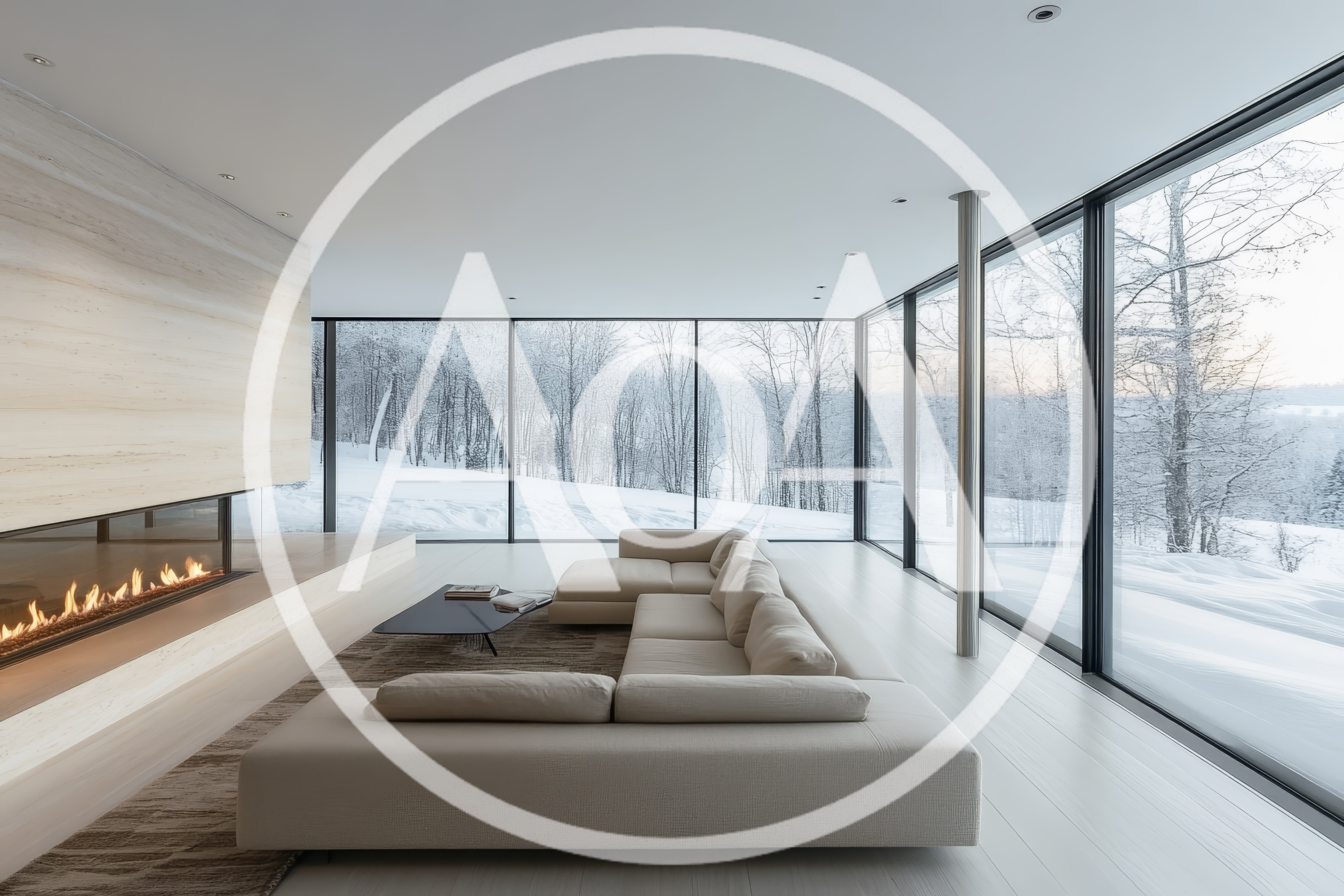 Modern Minimalist Living Room With Snowy Forest View