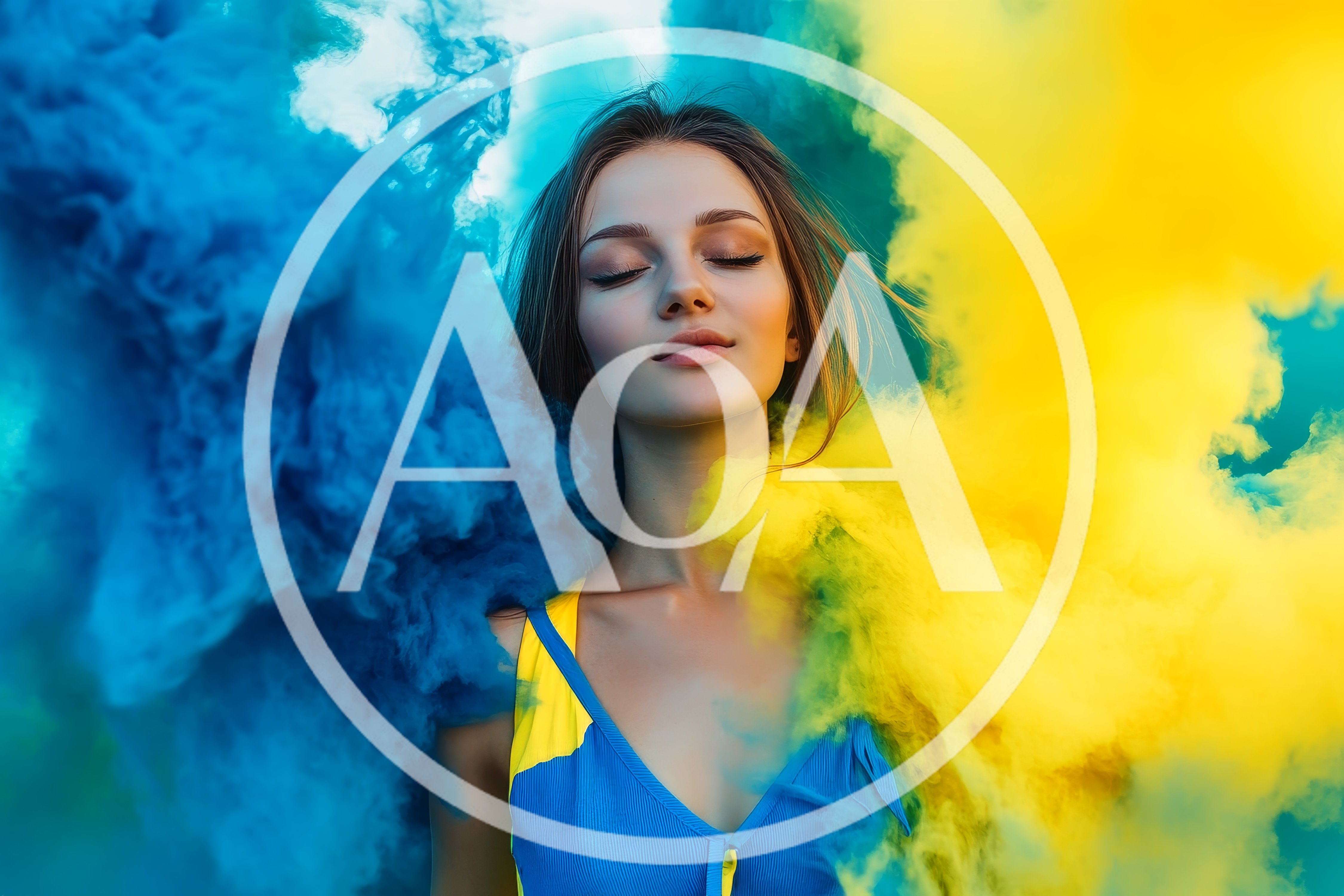 Young Woman Surrounded By Blue And Yellow Smoke
