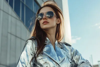 Stylish Woman Wearing Silver Metallic Jacket And Sunglasses