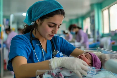 Neonatal Nurse Caring For Newborn In Hospital Nursery