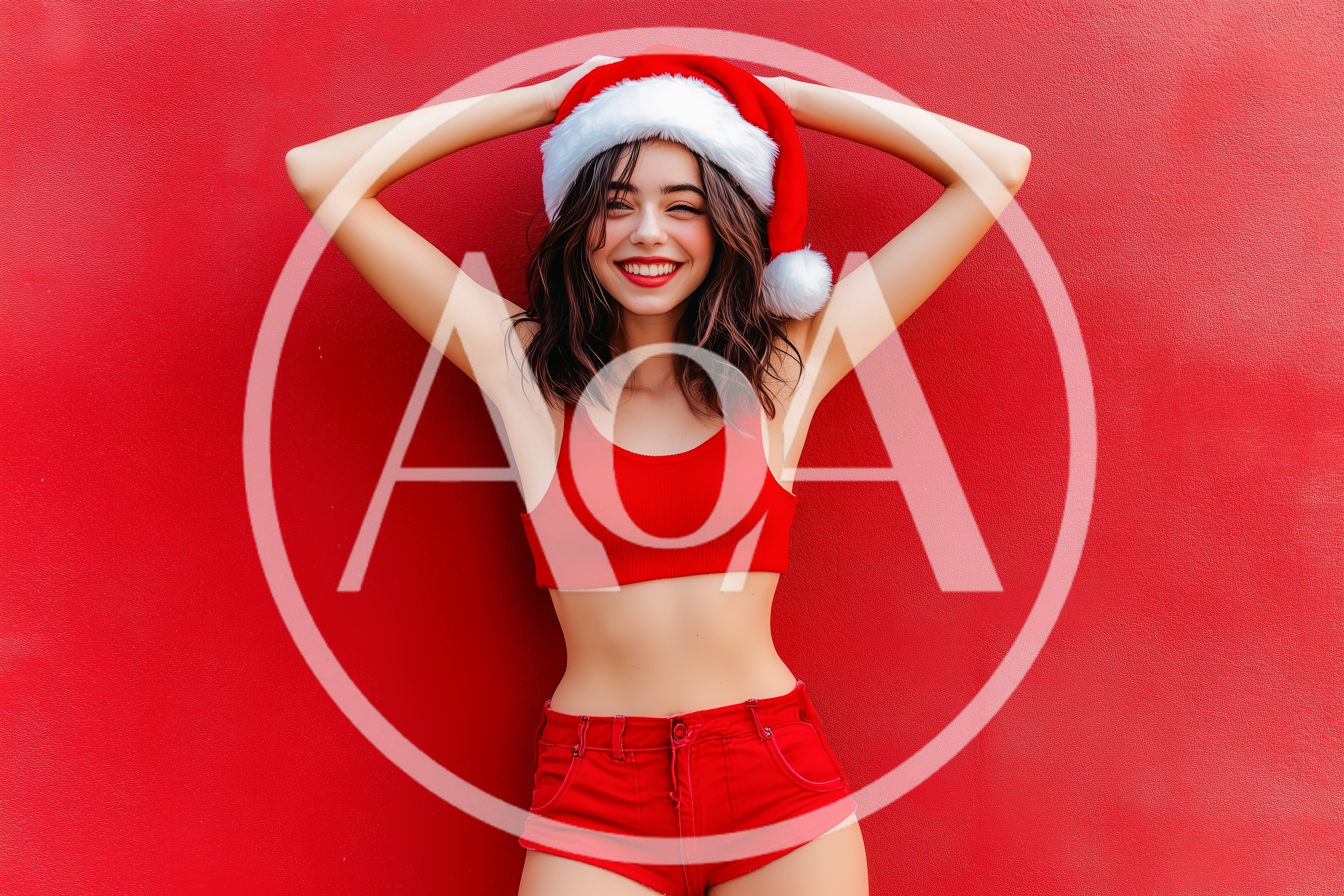 Young Woman Wearing Santa Hat Against Red Background