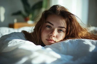 Young Woman Resting In Bed During Morning Sunlight