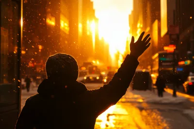 Person Hailing A Taxi In Snowy City Sunset
