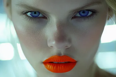 Close Up Portrait Of Woman With Bright Orange Lips
