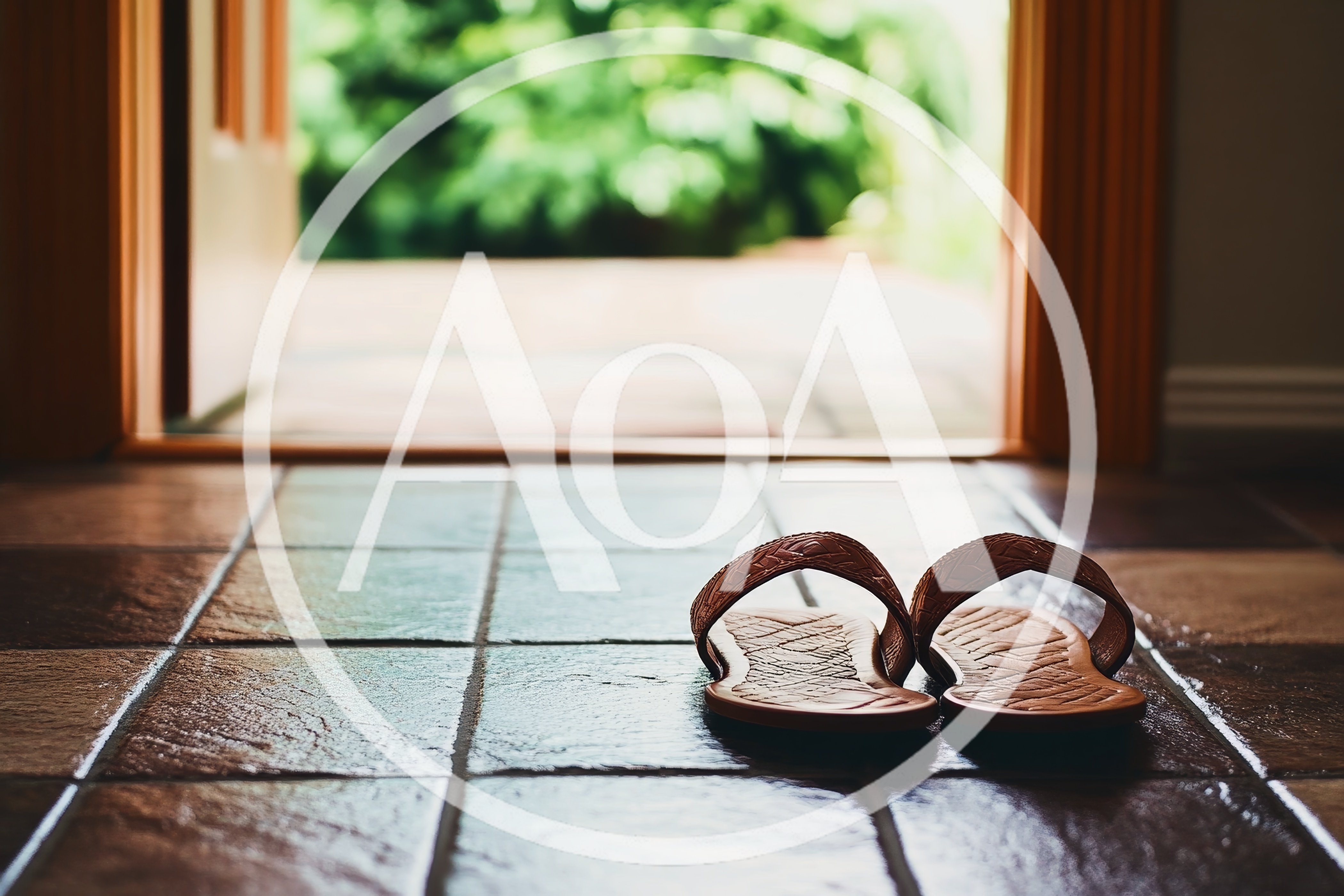 Pair Of Brown Leather Sandals On Tiled Floor