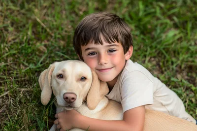 Young Boy Hugging His Labrador Retriever Puppy