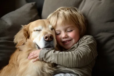 Young Child Hugging A Golden Retriever Dog