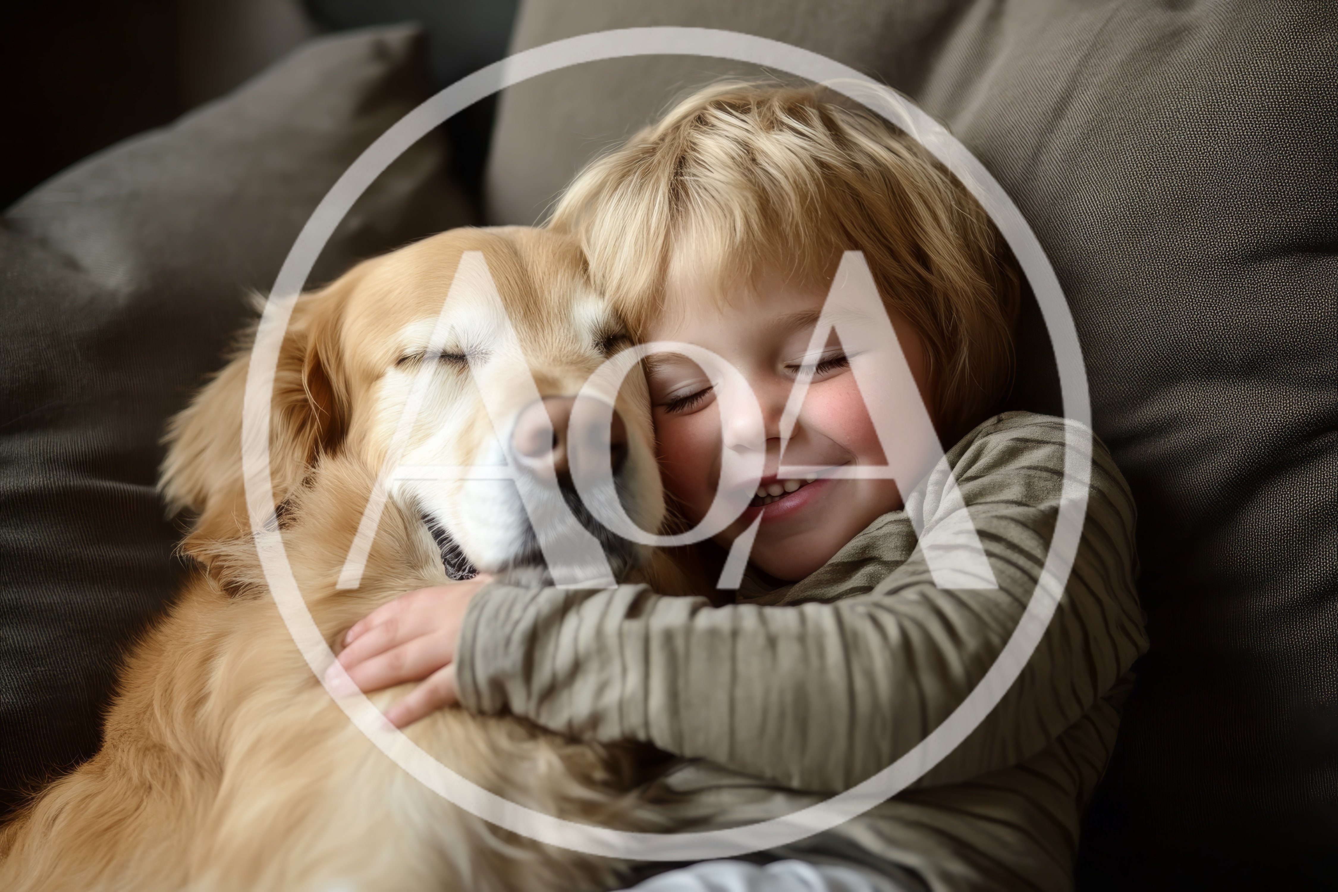 Young Child Hugging A Golden Retriever Dog