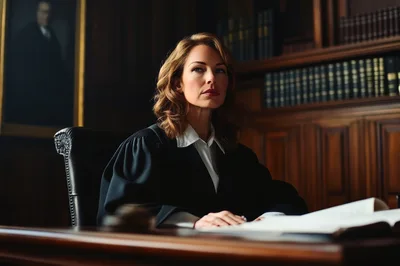 Female Judge Sitting At Desk In Wood Paneled Courtroom