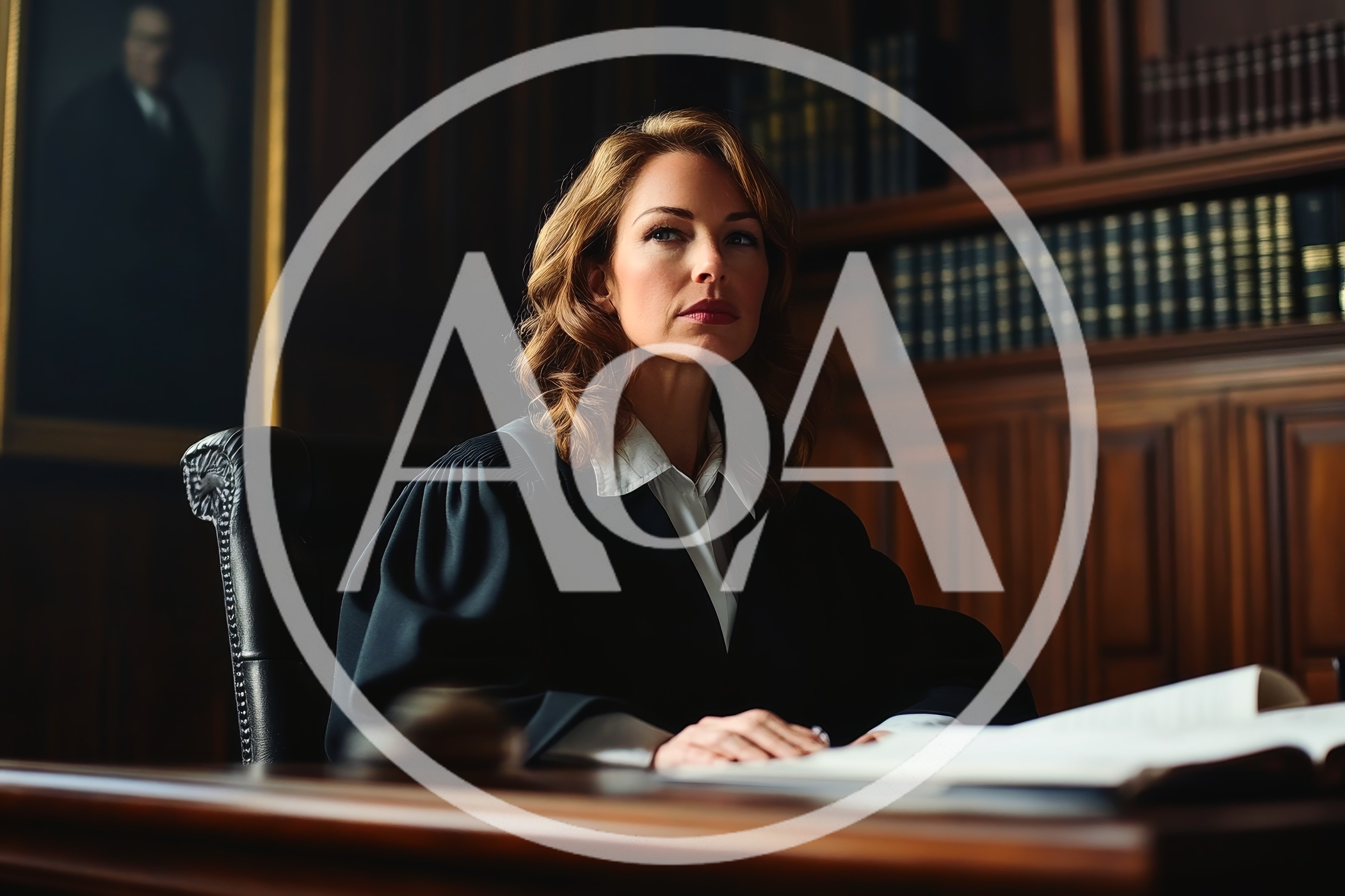 Female Judge Sitting At Desk In Wood Paneled Courtroom