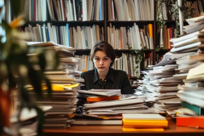 Stressed Office Worker Surrounded By Massive Paperwork Stacks