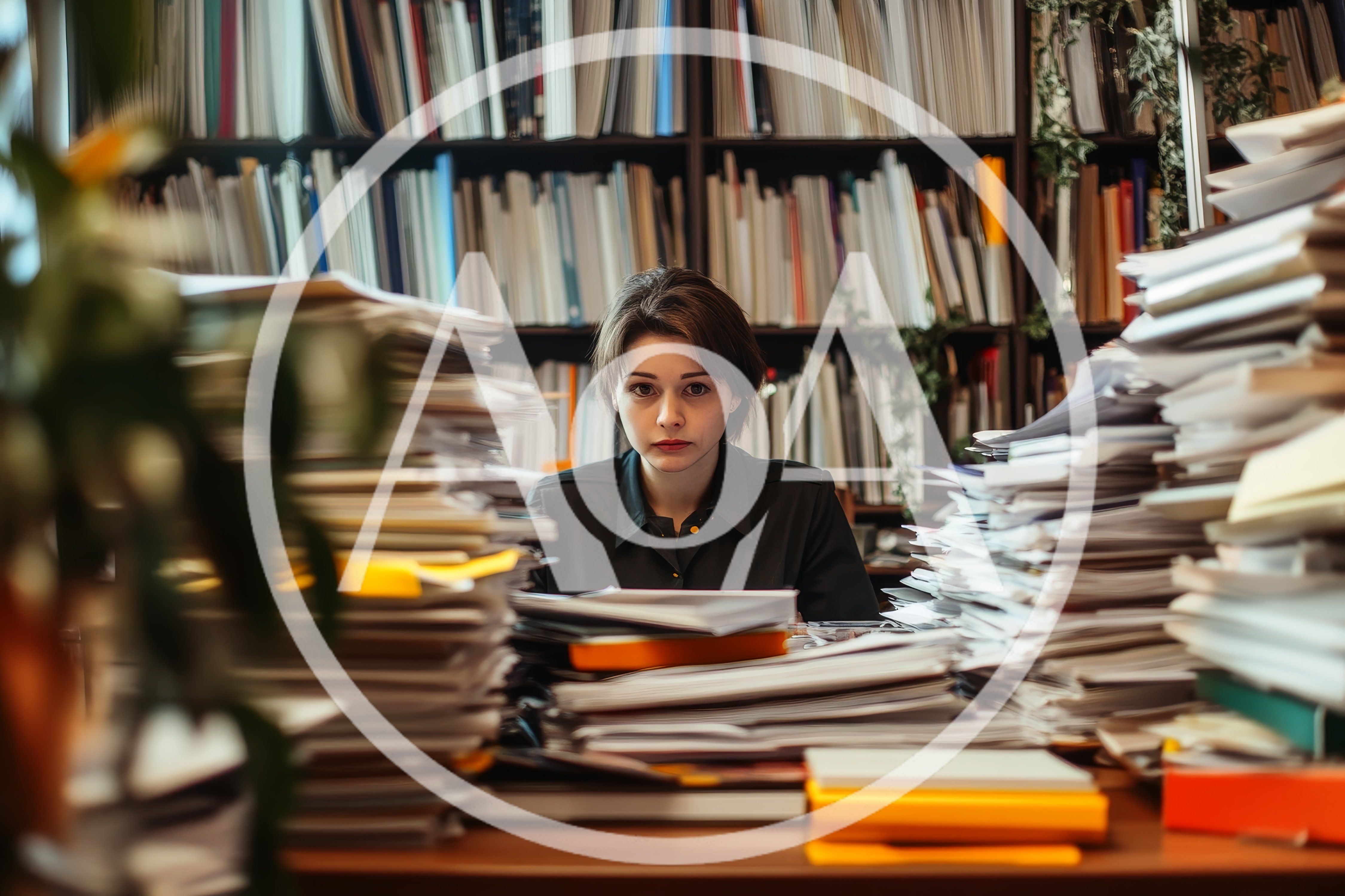 Stressed Office Worker Surrounded By Massive Paperwork Stacks