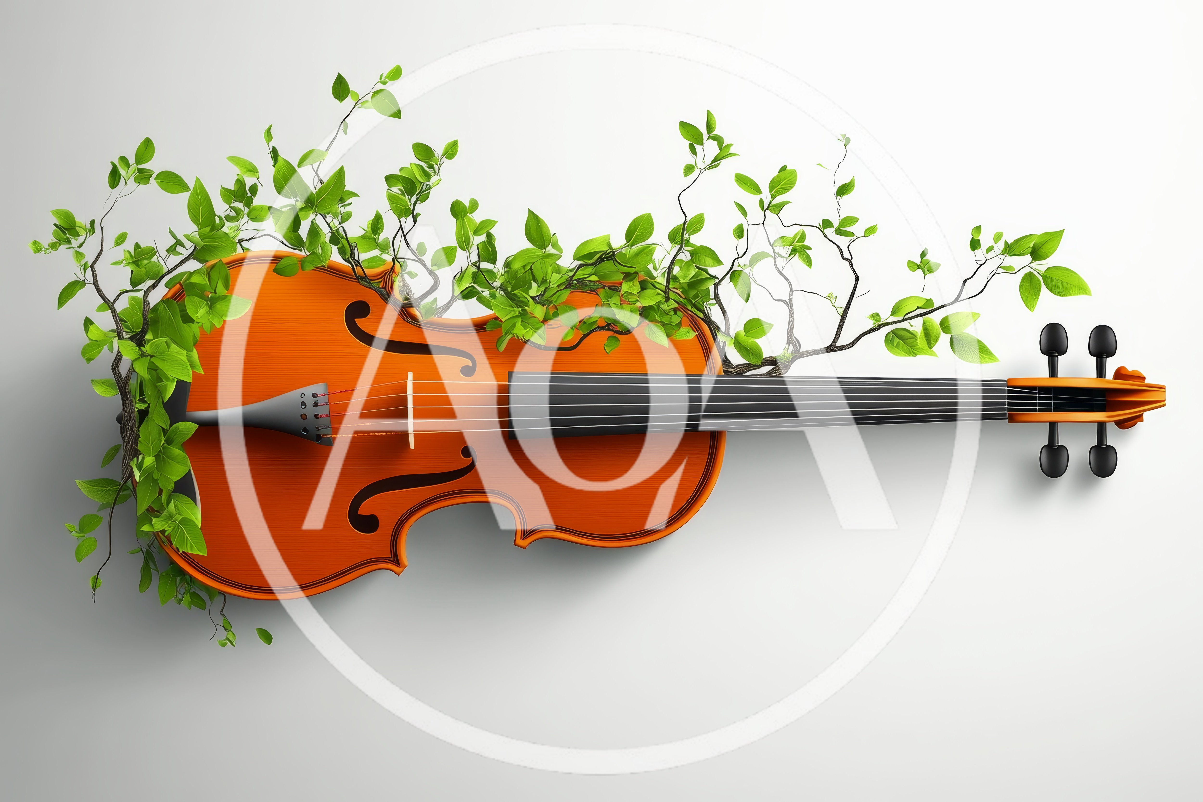 Violin Integrated With Green Tree Branches And Leaves