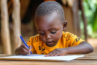 Young African Boy Writing On Paper Outdoors