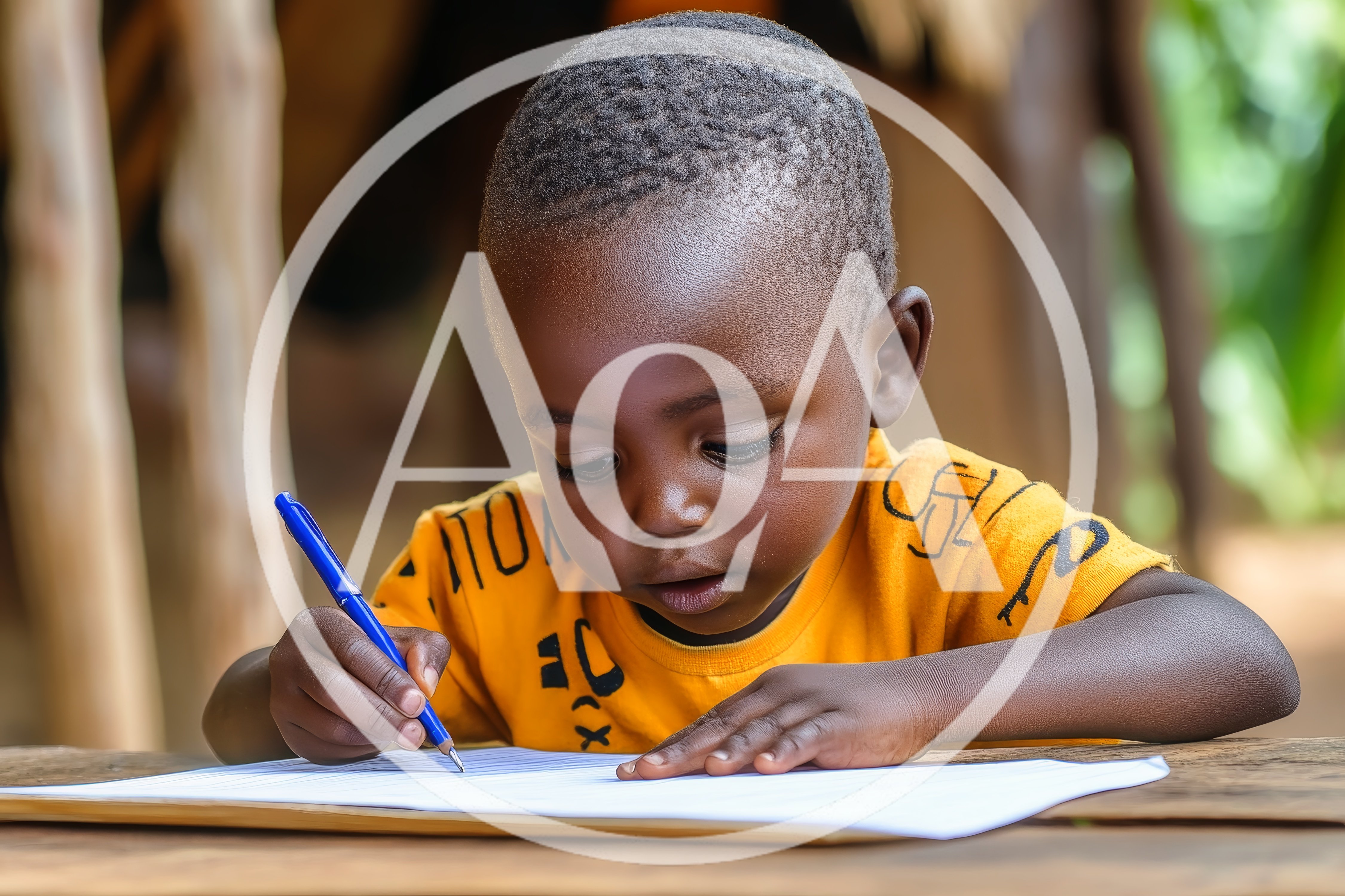 Young African Boy Writing On Paper Outdoors