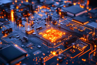 Glowing Electronic Circuit Board With Data Processing