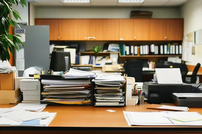 Cluttered Office Desk With Stacks Of Paperwork
