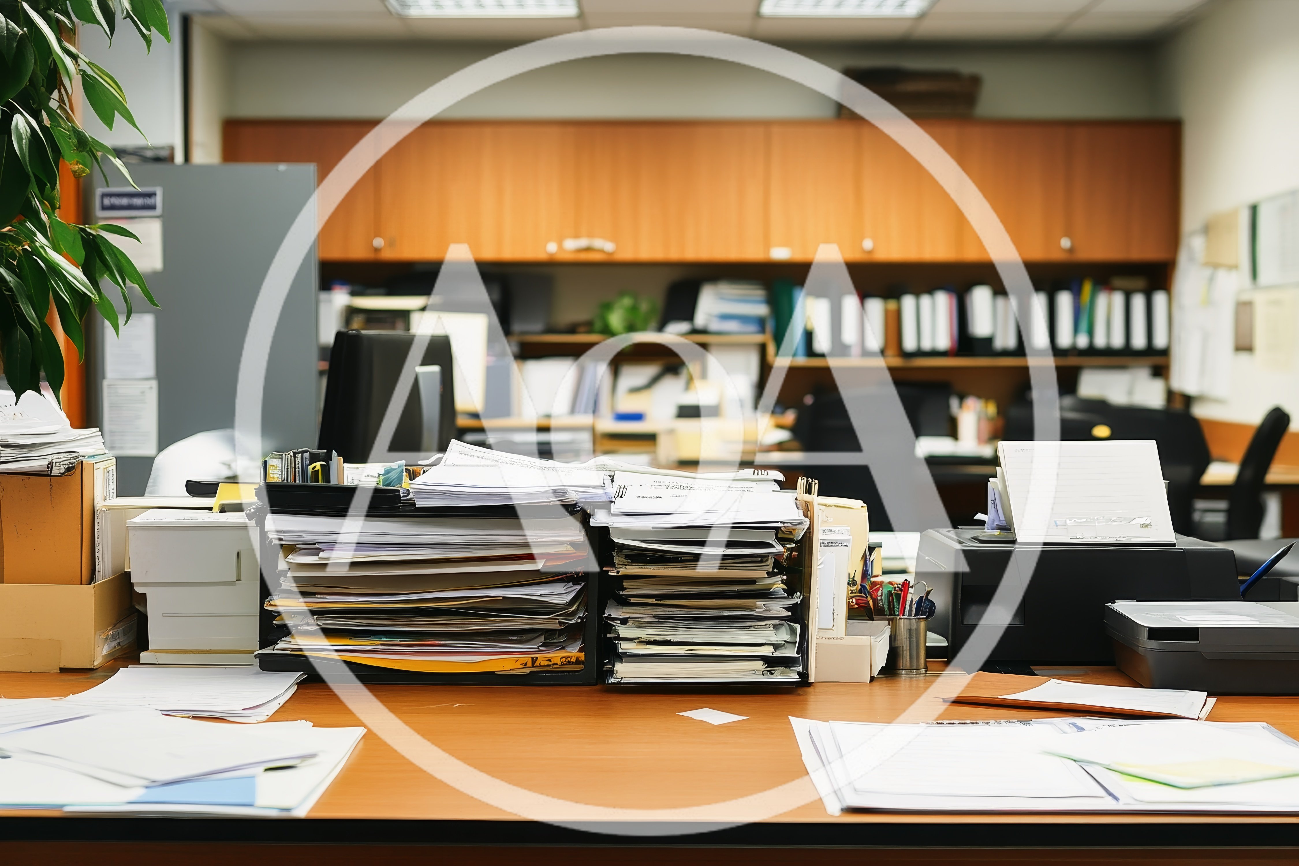 Cluttered Office Desk With Stacks Of Paperwork