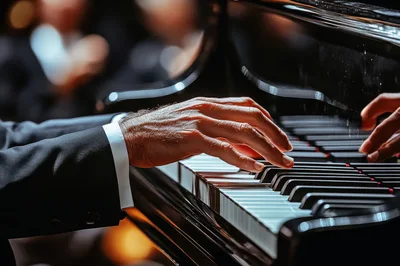Close Up Of Pianist Hands Playing Grand Piano