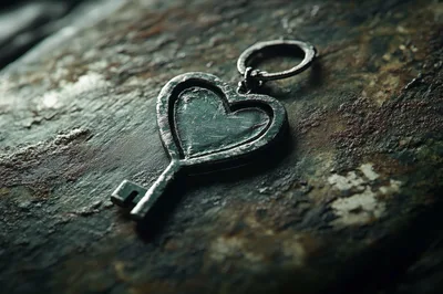 Heart Shaped Metal Key Resting On Textured Stone