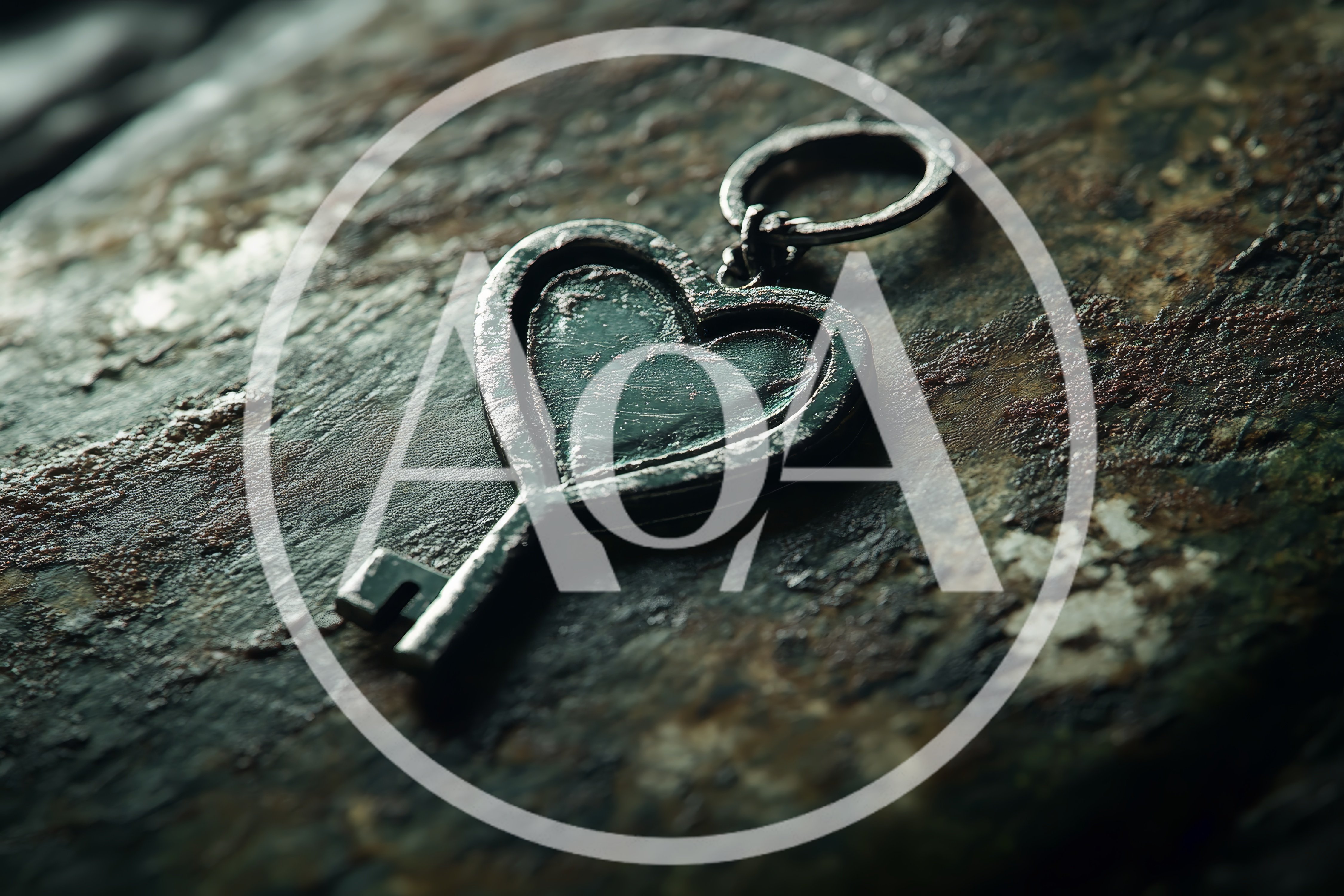 Heart Shaped Metal Key Resting On Textured Stone
