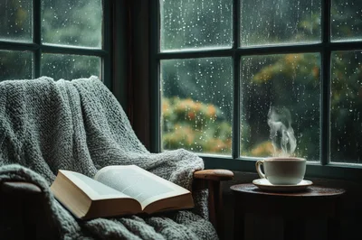 Cozy Reading Nook With Book And Steaming Coffee