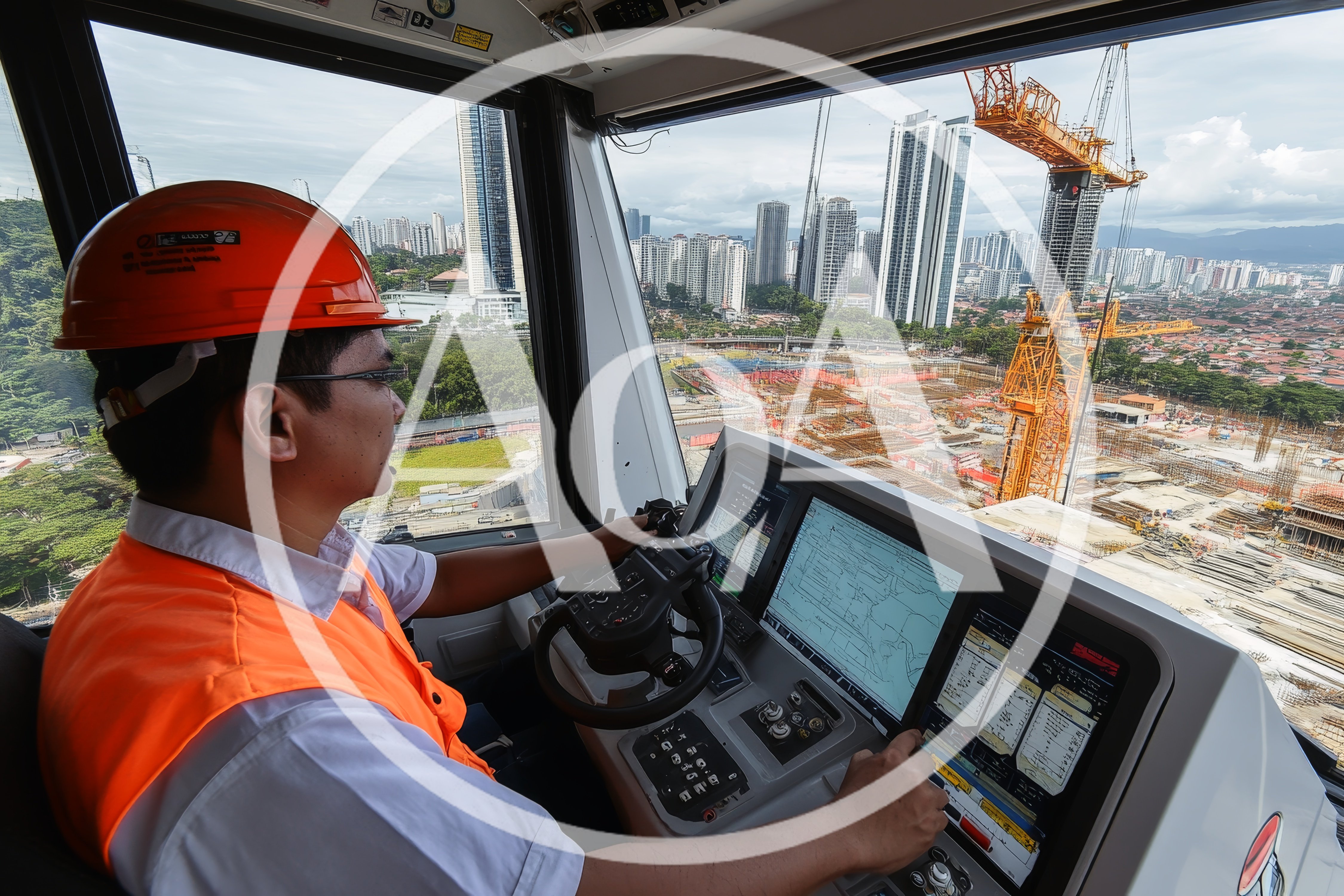 Crane Operator Controlling Construction Machinery In High Rise Cab