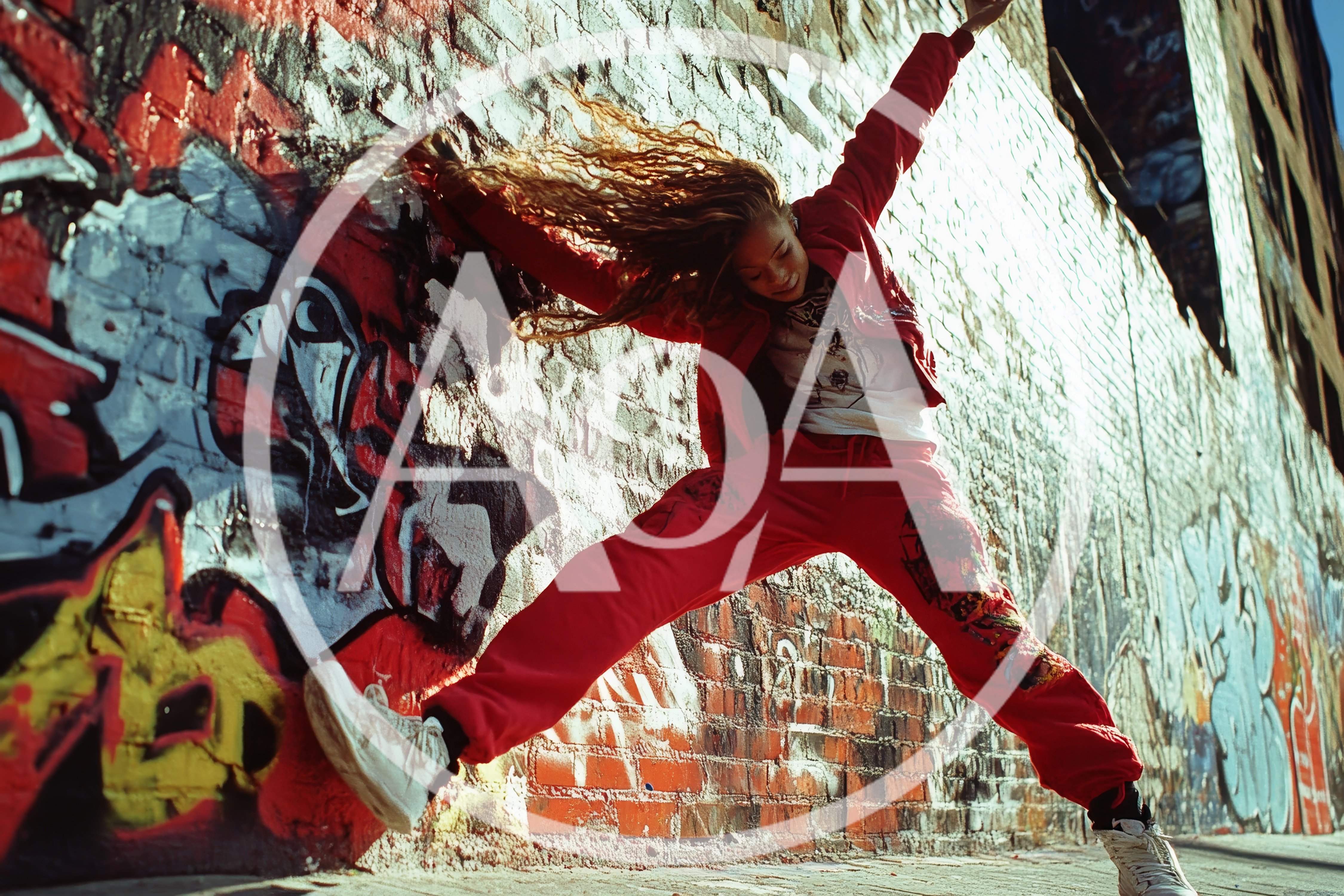 Young Woman Performing Street Dance Against Graffiti Wall
