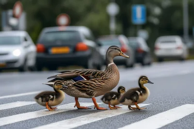 Mother Duck Crossing Road With Ducklings