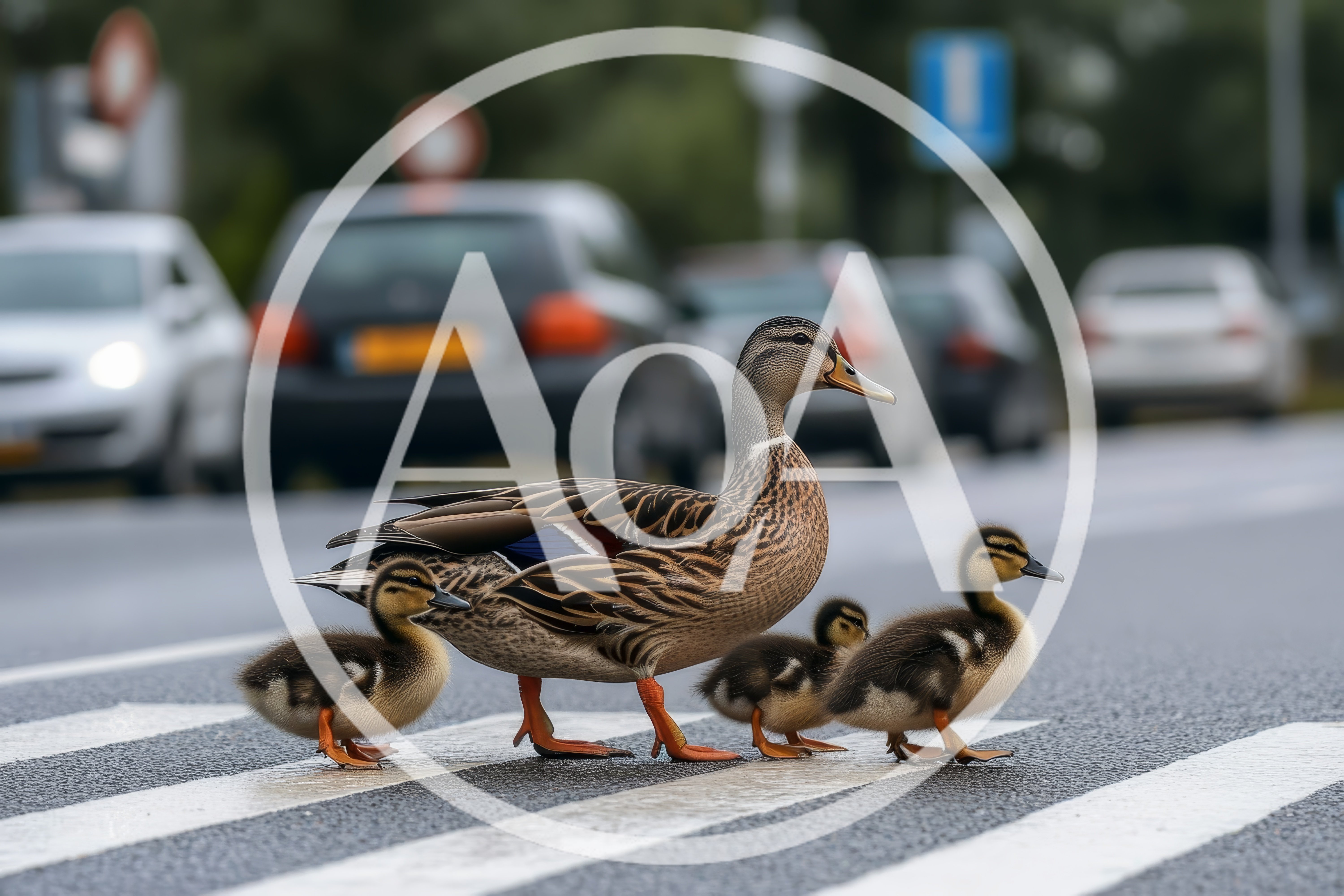 Mother Duck Crossing Road With Ducklings