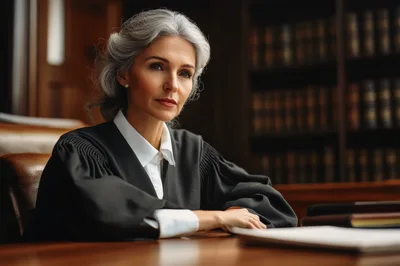 Female Judge Sitting At Desk In Law Library