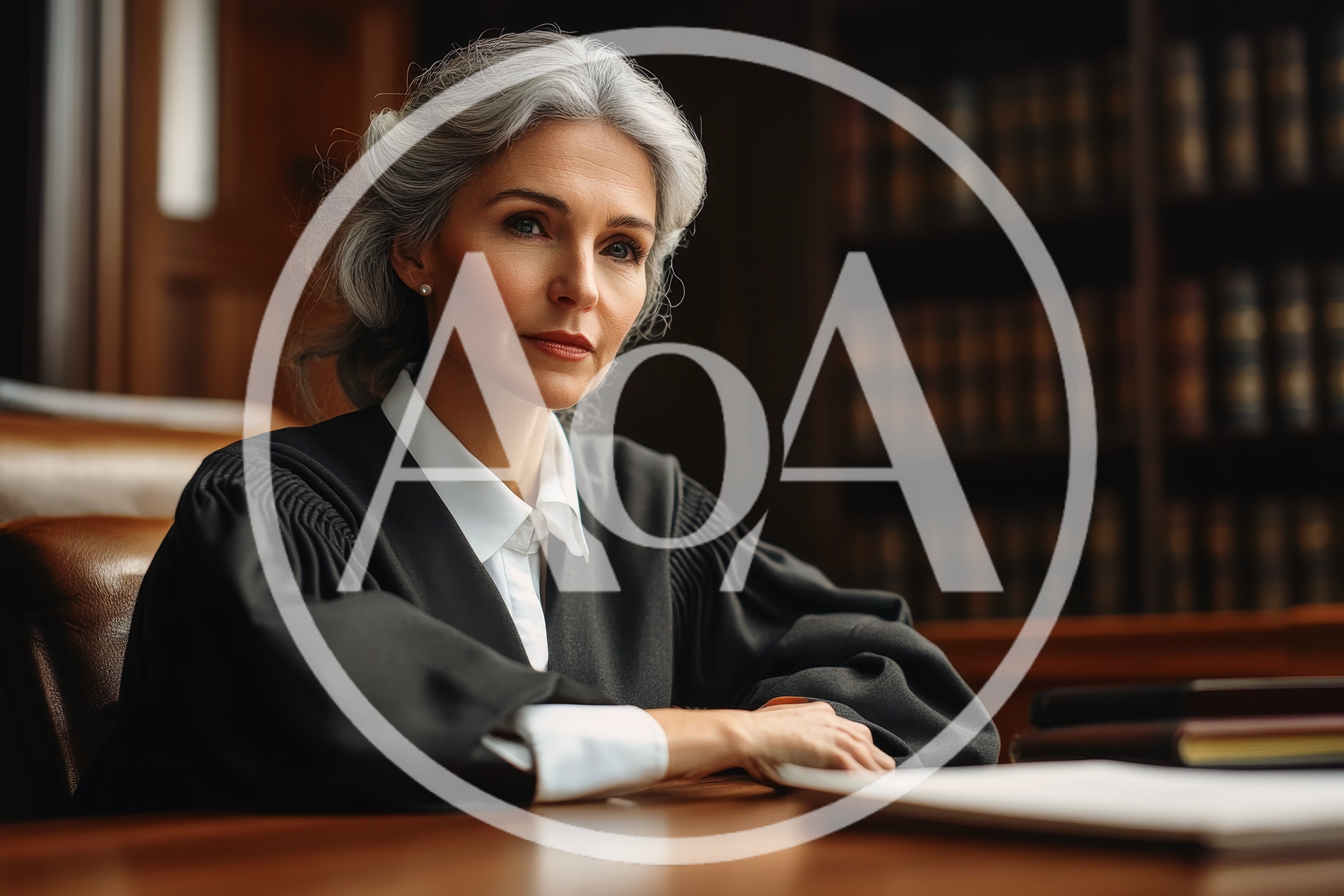 Female Judge Sitting At Desk In Law Library