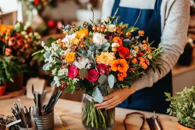 Florist Arranging A Vibrant Autumnal Flower Bouquet