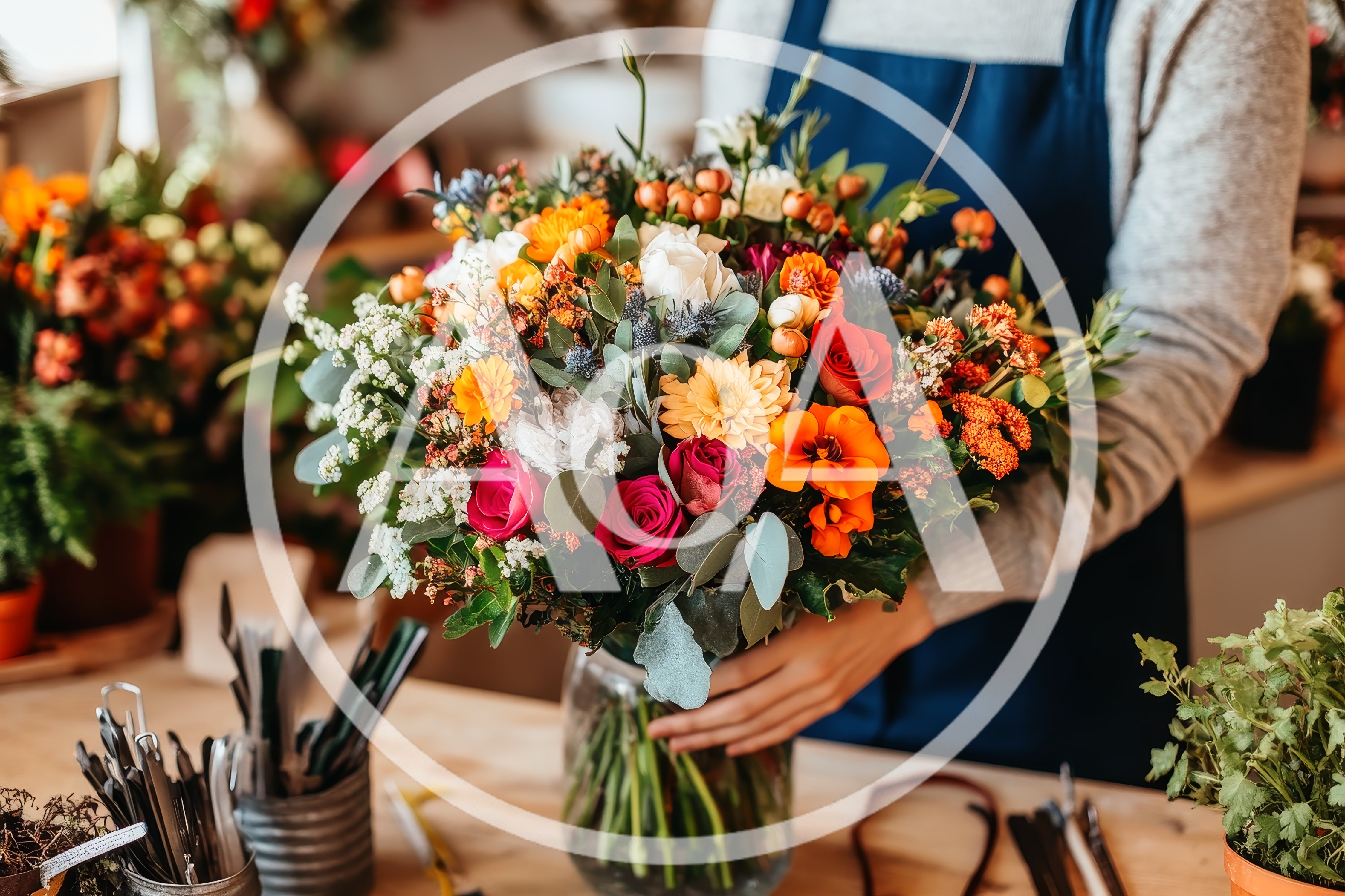 Florist Arranging A Vibrant Autumnal Flower Bouquet