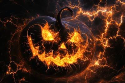 Fiery Jack O Lantern With Electric Lightning Background