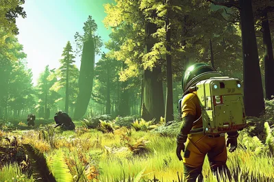 Astronaut Exploring A Lush Alien Forest Landscape