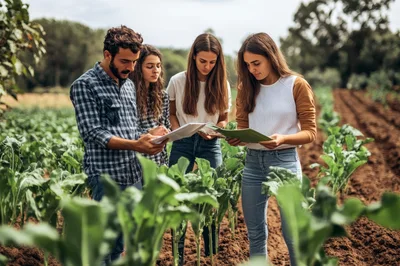 Agricultural Researchers Reviewing Crop Data In Field