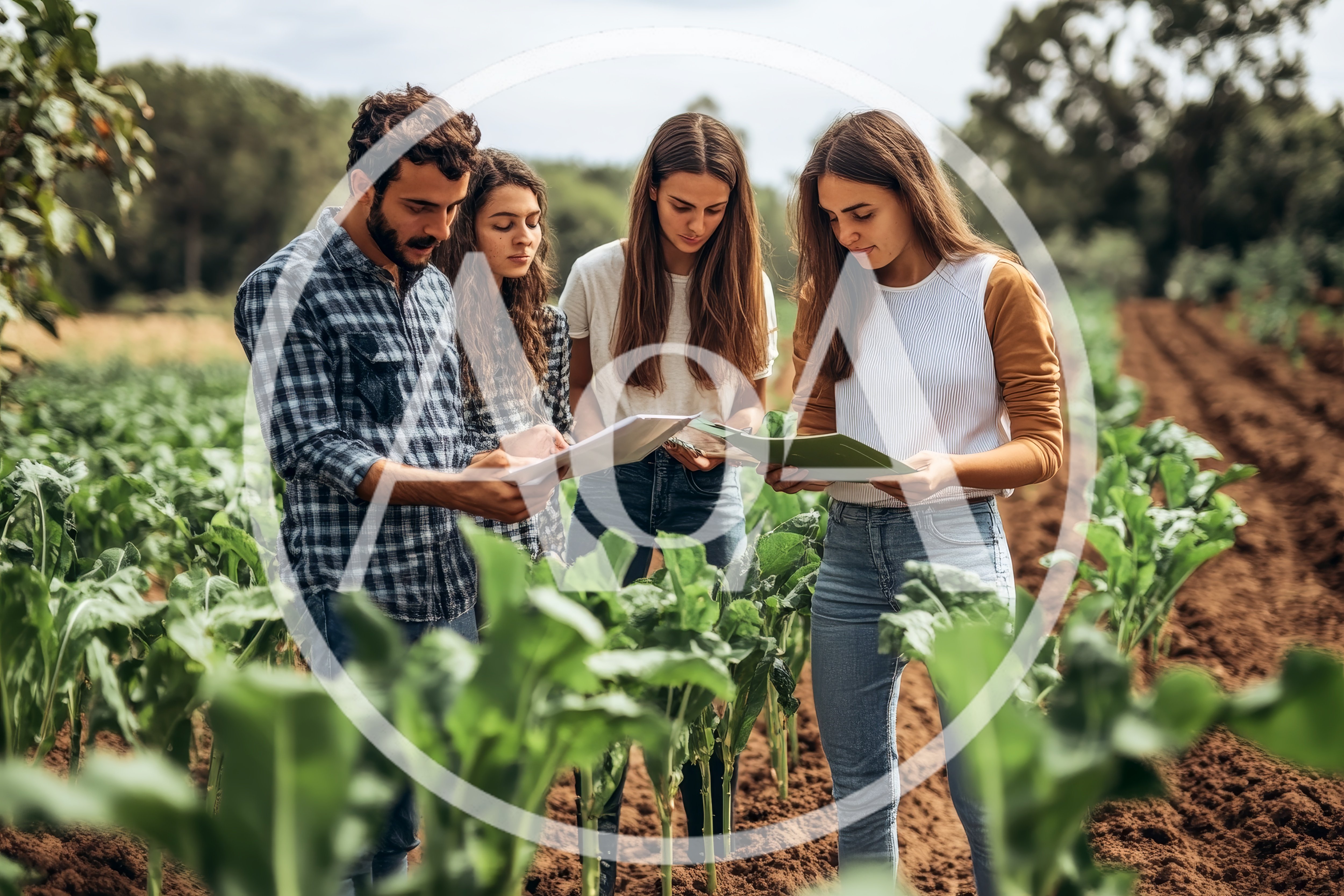 Agricultural Researchers Reviewing Crop Data In Field